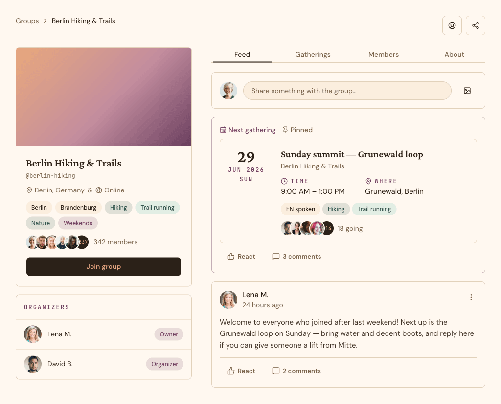 The Berlin Hiking & Trails group page on gæther — its gatherings, members, and organizers.
